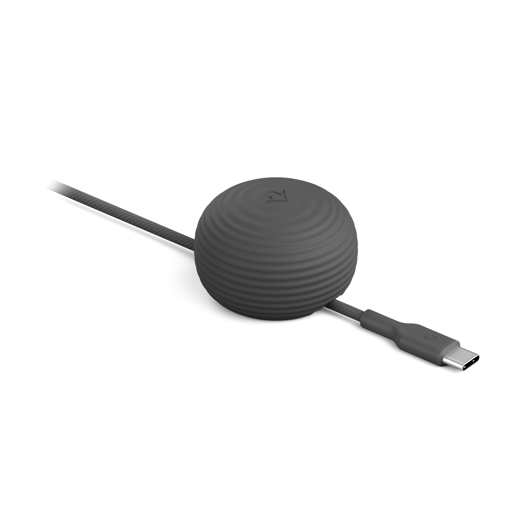 Black USB-C cable with round connector on a white background