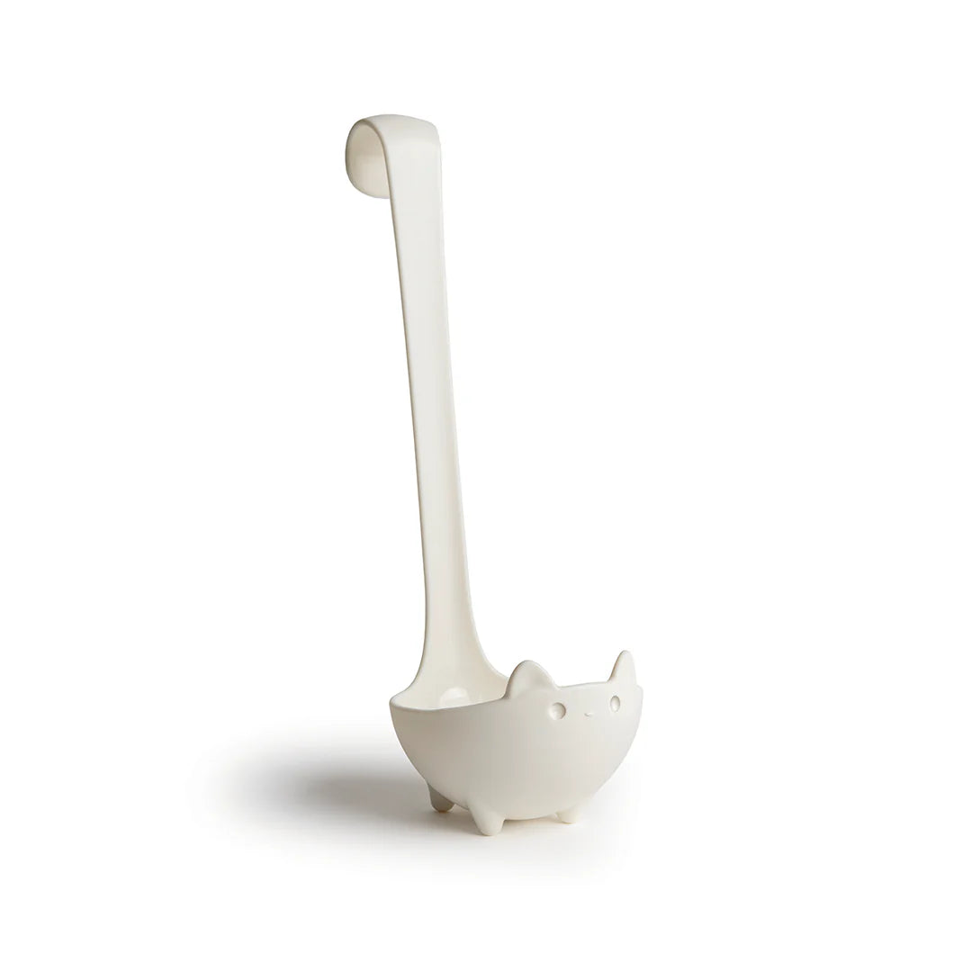 Katie: White ladle with handle, cat-shaped bowl, small feet, and ears.