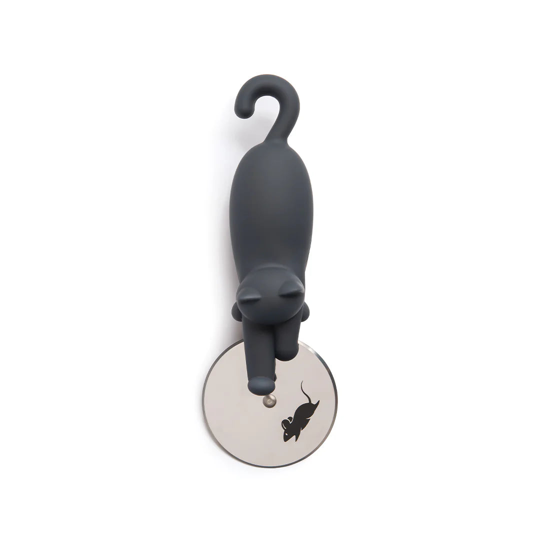 OTOTOs Kitty-Cut is a black cat-shaped cutter with a metal blade and mouse silhouette.