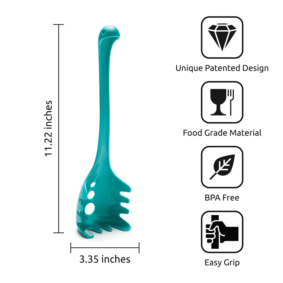 OTOTOs Papa Nessie turquoise pasta server features a whimsical design and long handle.