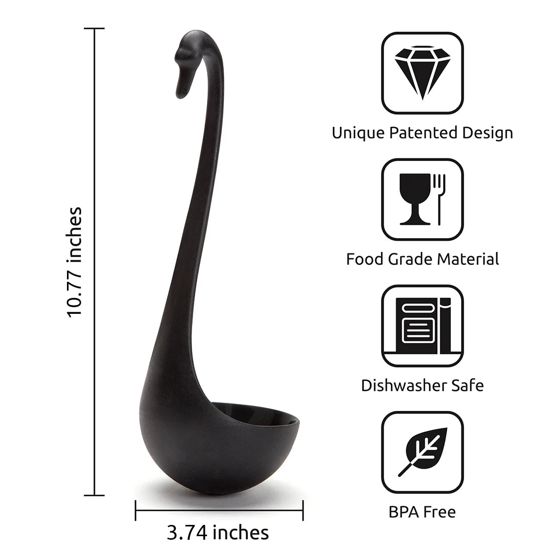Swanky black ladle: Swan-like elegance, unique design, BPA-free, food grade, dishwasher safe.