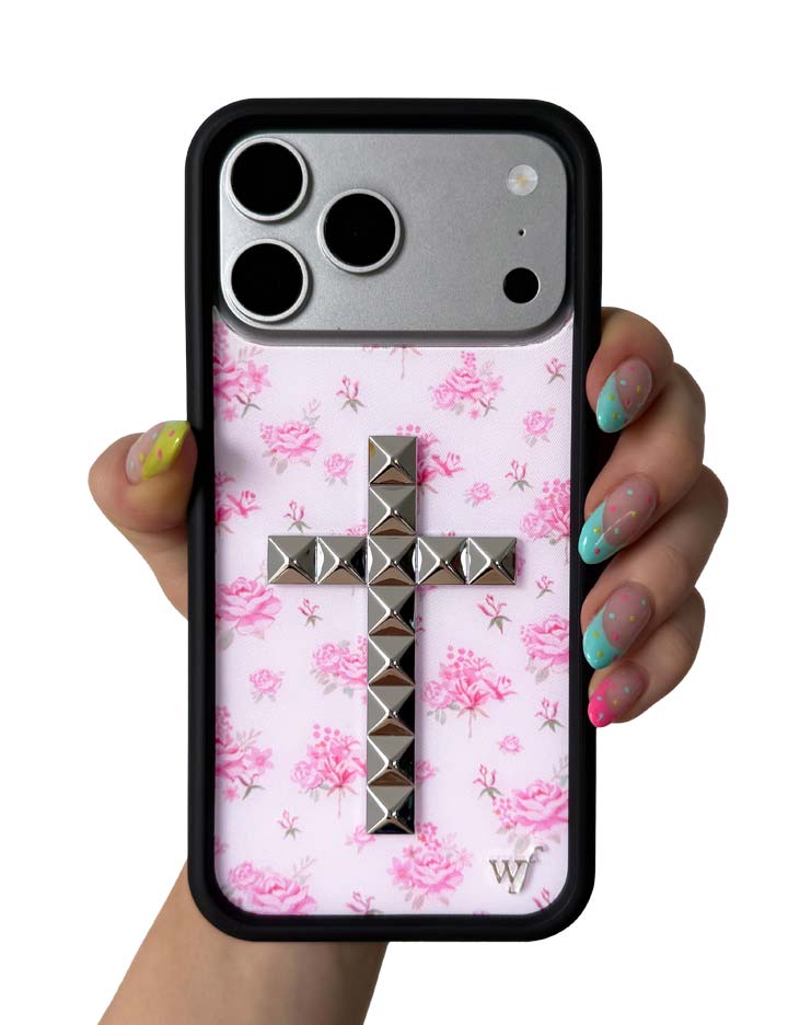 Hand Pic Image 01 Stud Cross Forget Me Not Floral Pink iPhone Case