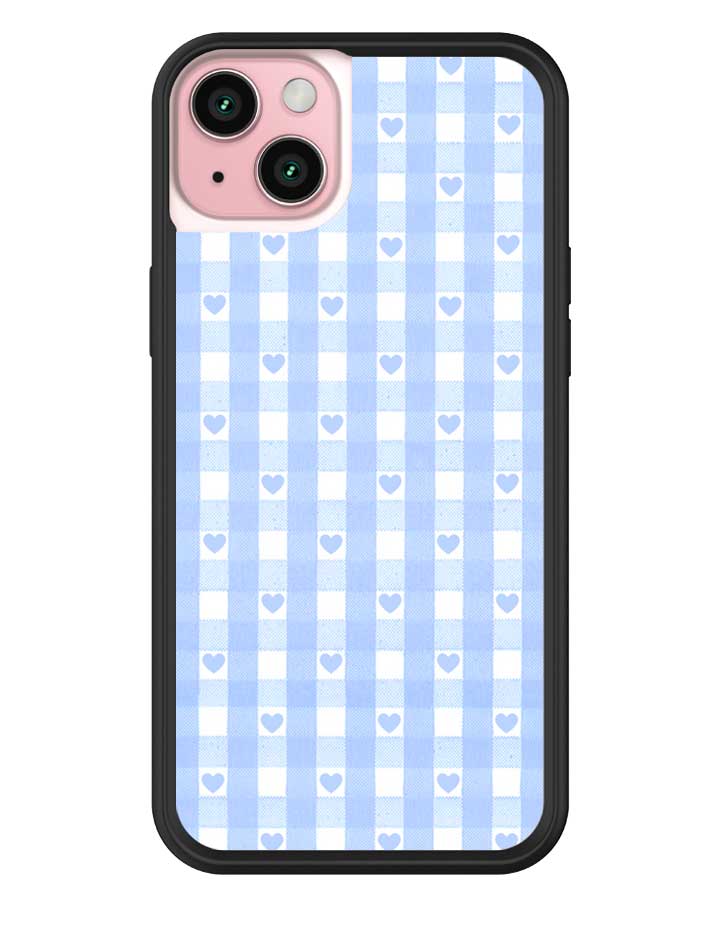 Wildflower iPhone case 15 Plus Blue Gingham Hearts Vintage Cute Classic