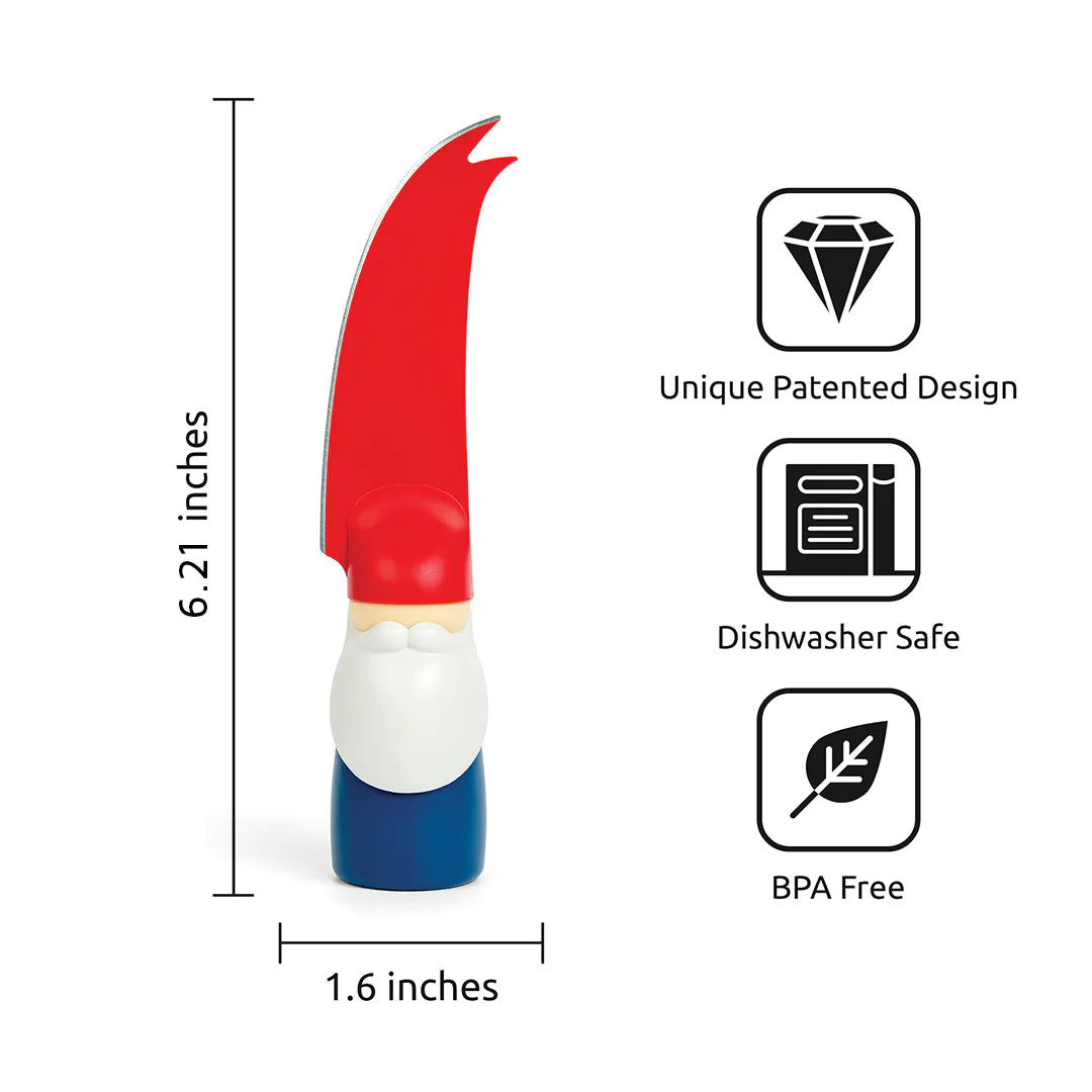 OTOTOs Bert cheese knife, 6.21 tall, red/white gnome design, unique, dishwasher safe, BPA free.