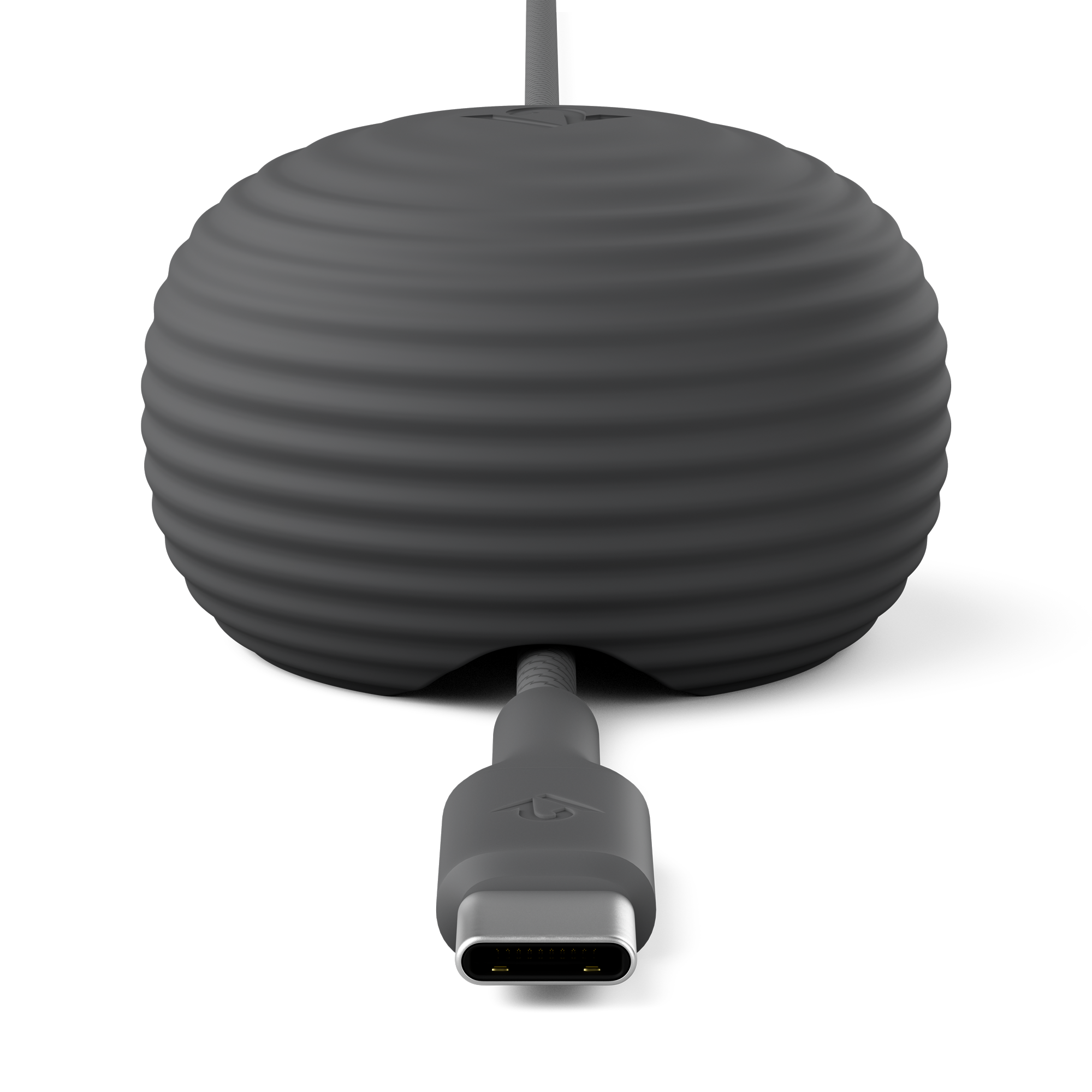Gray cylindrical device with a USB-C connector on a white background
