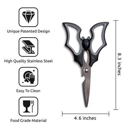 Elizabat: OTOTOs bat-shaped kitchen scissors, patented design, stainless steel, food-grade, easy to clean.