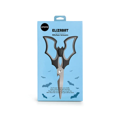 OTOTO Elizabat Kitchen Scissors packaged perfectly for culinary tasks on a blue background.
