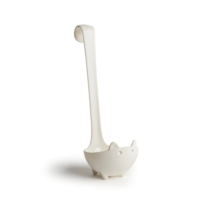 Katie: White ladle with handle, cat-shaped bowl, small feet, and ears.