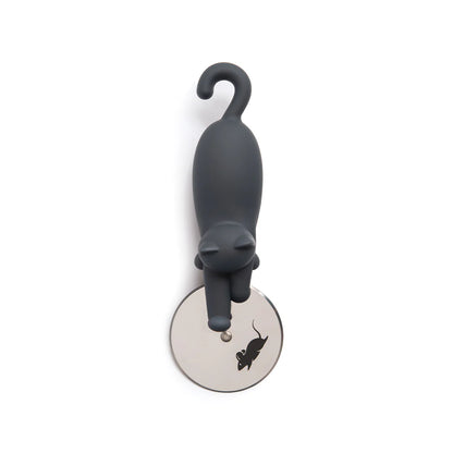 OTOTOs Kitty-Cut is a black cat-shaped cutter with a metal blade and mouse silhouette.