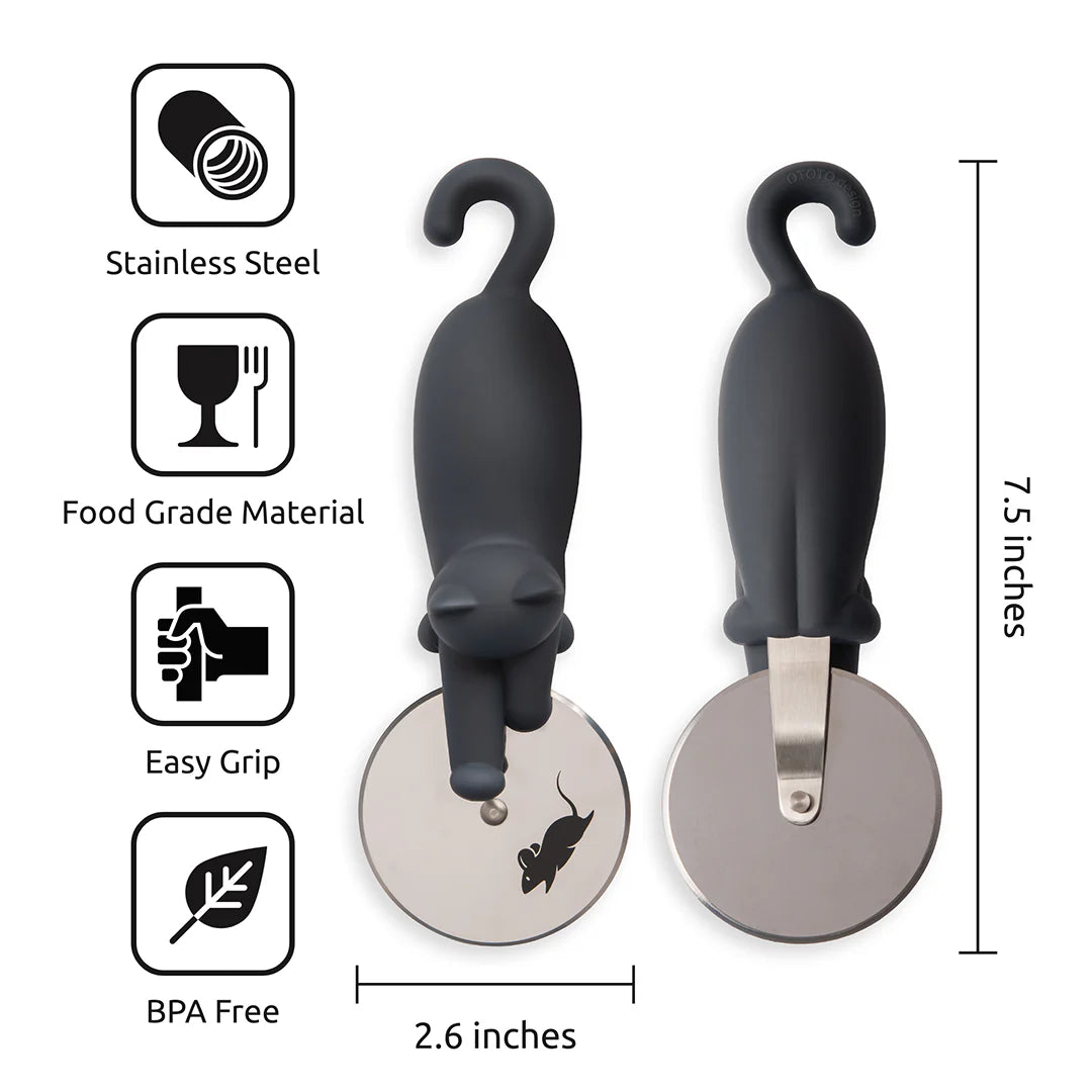 Kitty-Cut by OTOTO: Cat-shaped stainless steel pizza cutter, easy grip, BPA-free. Size: 7.5x2.6 inches.