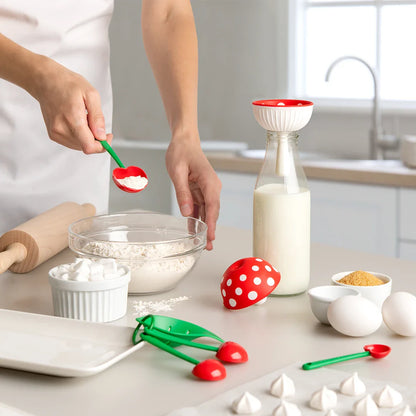 Baker measures flour with Mon Cherry red spoon, surrounded by an egg separator and baking ingredients.