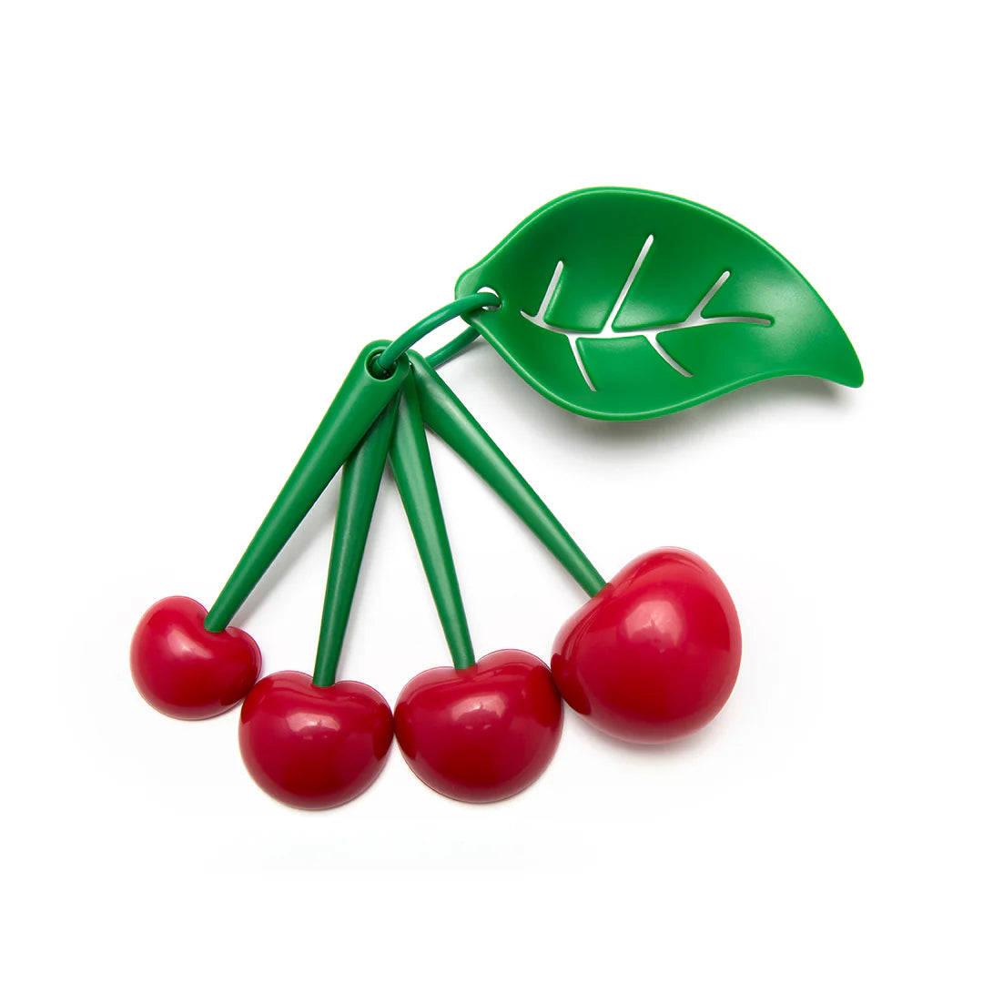 Mon Cherry: Plastic red cherries with green stems and a leaf, perfect for cooking & baking décor.