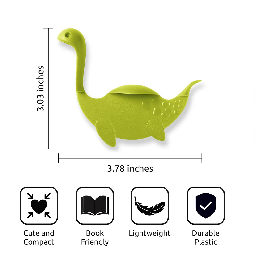 Green dinosaur-shaped Nessie Tale bookmark by OTOTO; cute, book-friendly, lightweight, and durable.