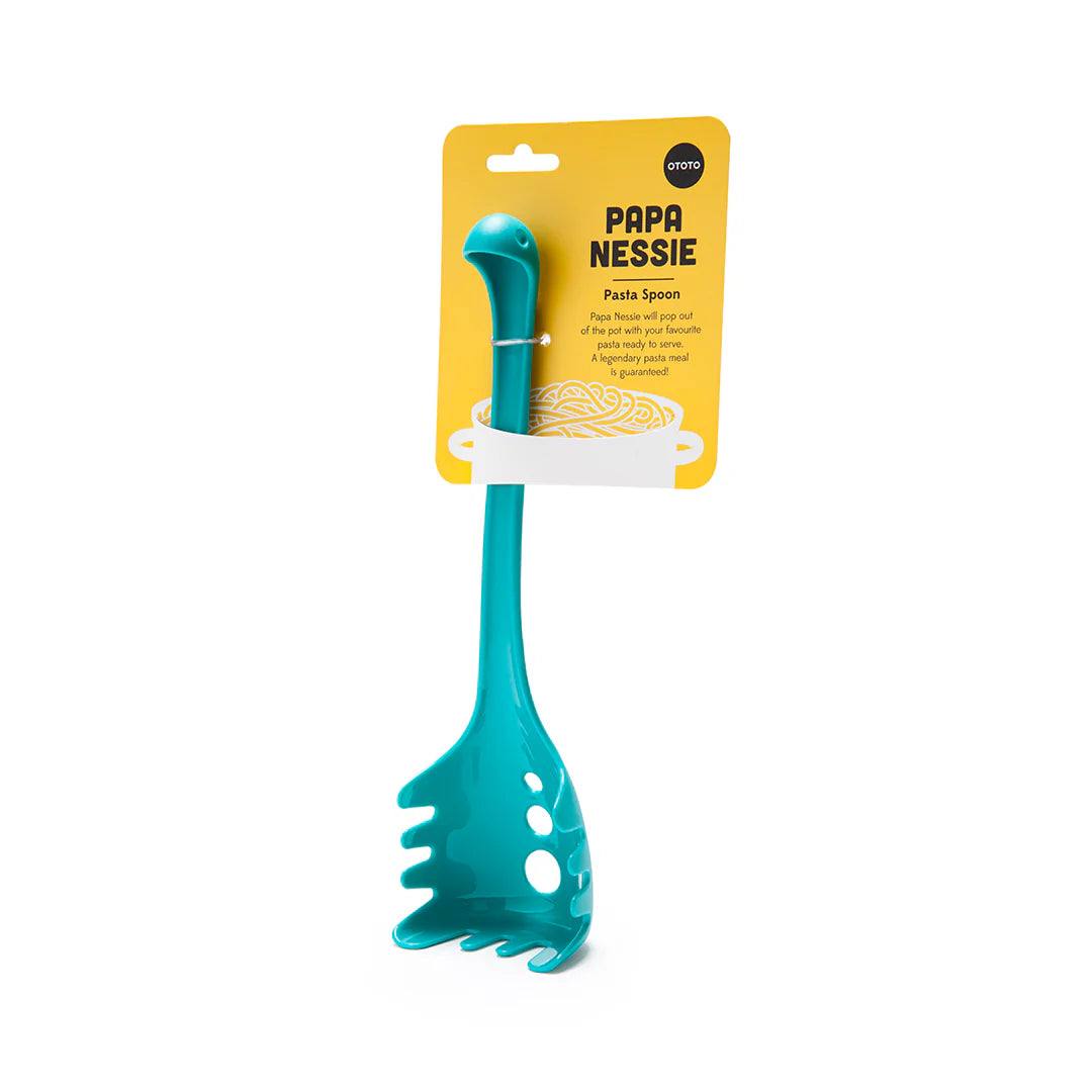 Teal Papa Nessie OTOTO dinosaur pasta spoon in yellow card packaging.