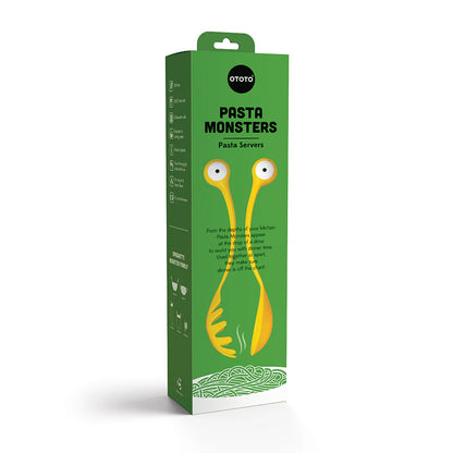 The Pasta Monsters set by OTOTO includes a vibrant yellow monster-eye spoon and fork.
