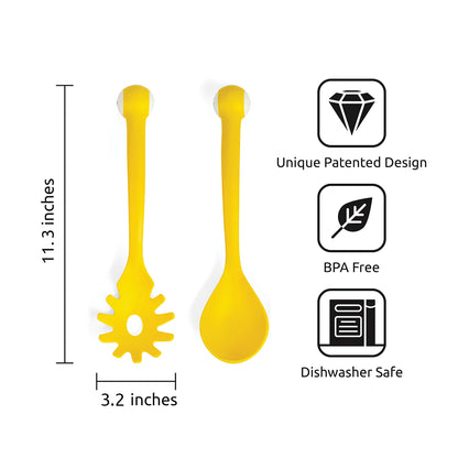 Two yellow OTOTO Pasta Monsters with a unique patented design, BPA-free, dishwasher safe. Dimensions shown.