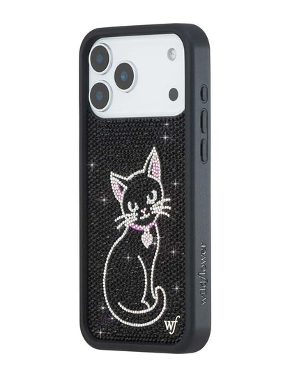 Wildflower iPhone case 18 Pro Max Rhinestone Black Cat Pink Cute