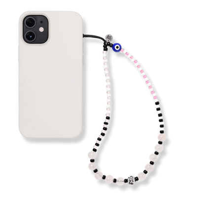 Handmade pink beaded phone wristlet with evil eye charm, Spiritual Firewall collection by String Ting.
