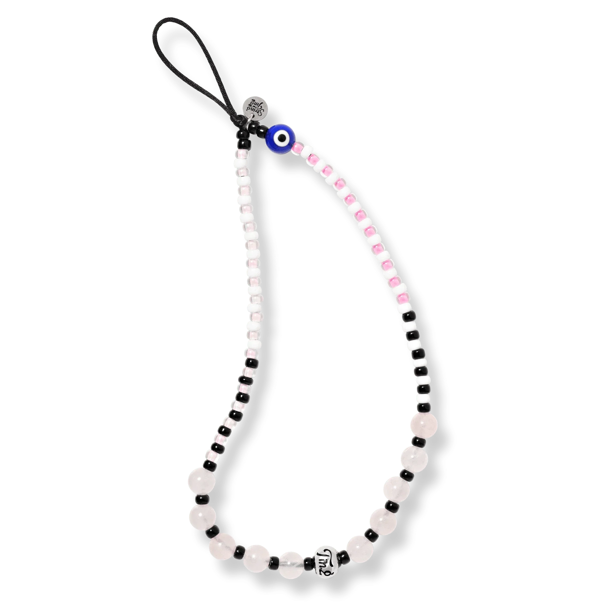Handmade pink beaded phone wristlet with evil eye charm, Spiritual Firewall collection by String Ting