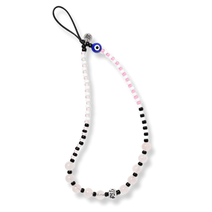 Handmade pink beaded phone wristlet with evil eye charm, Spiritual Firewall collection by String Ting