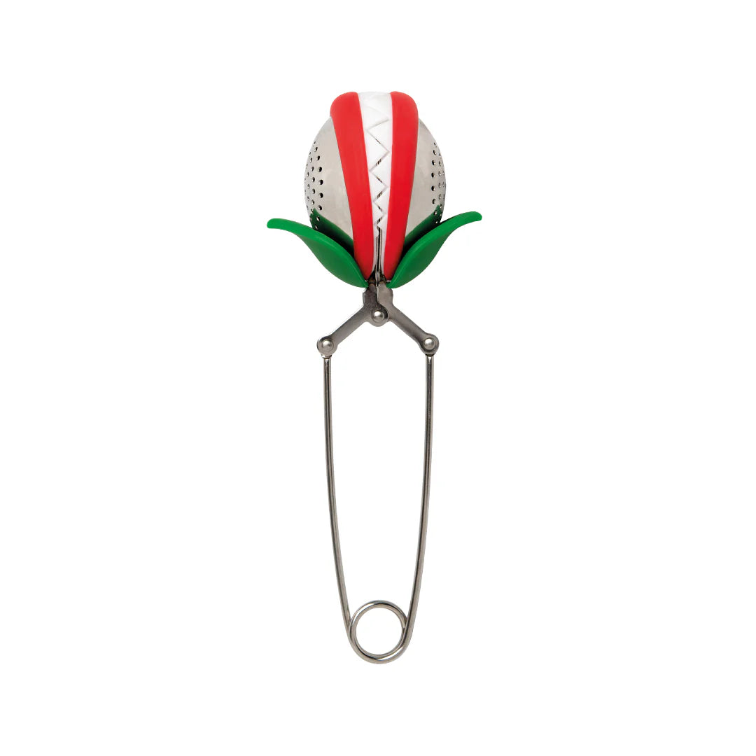 Tea Trap: A flower-shaped tea infuser with red petals and green leaves by OTOTO.
