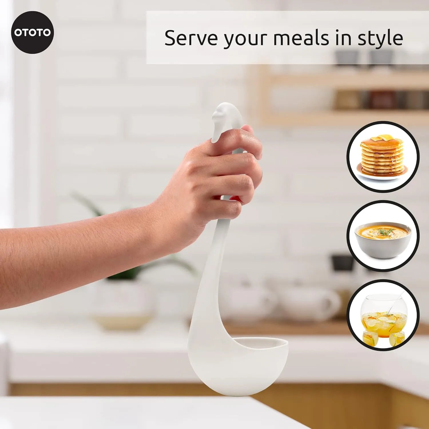 Hand holding Swanky, a ladle shaped like a swan; text reads Serve your meals in style.